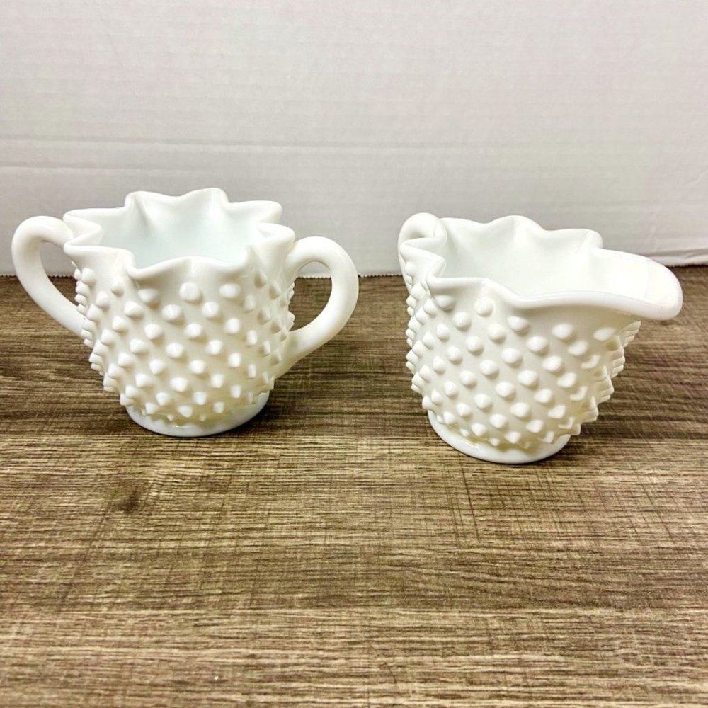 Fenton Hobnail Milk Glass Crimped Cream and Sugar